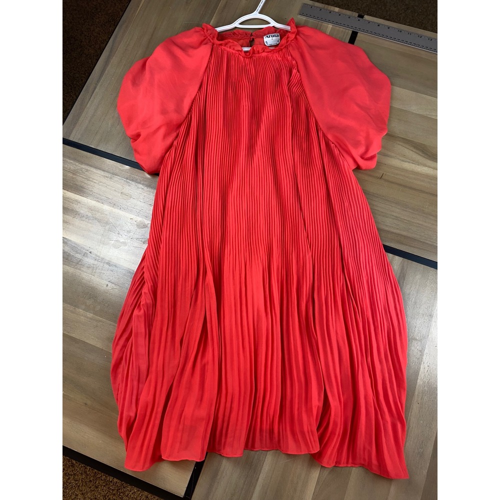 Arula Women Orange Pleated Puff Sleeve Midi Dress